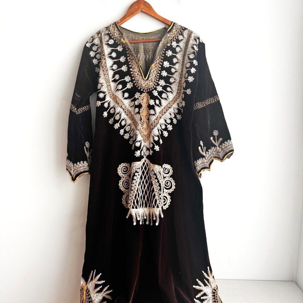 Vintage Velvet Brown Embroidered Long Maxi Tunic M - Picture 3 of 7